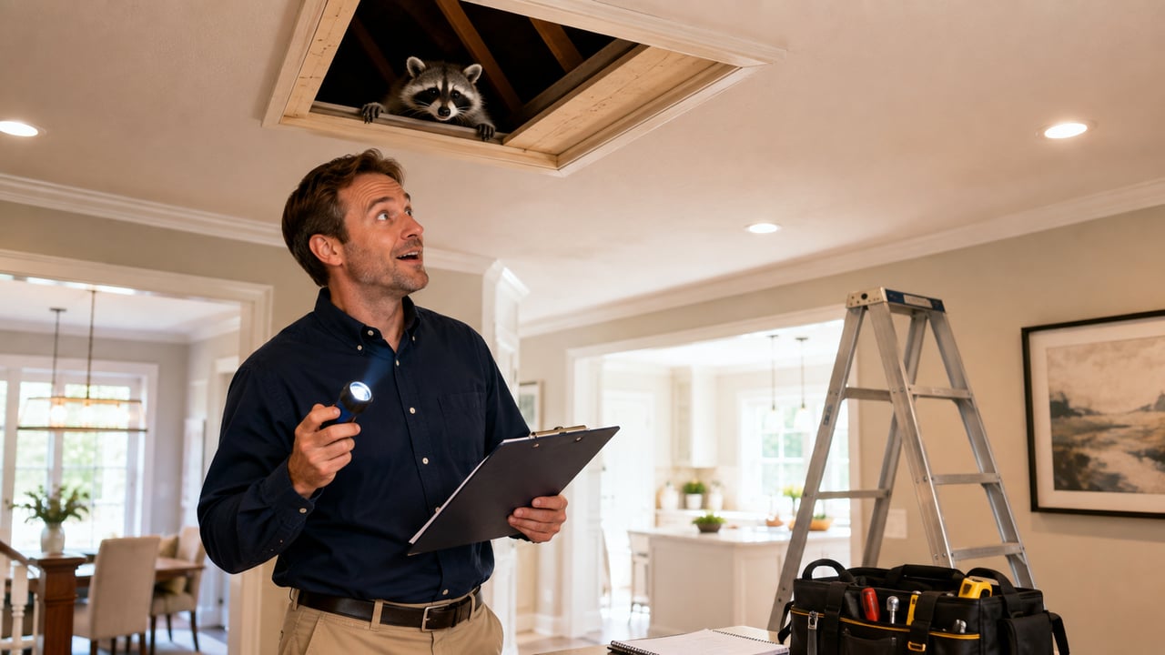 A home inspector holding a flashlight and clipboard looks up at an attic opening where a raccoon is peeking out, creating a humorous home inspection scene.