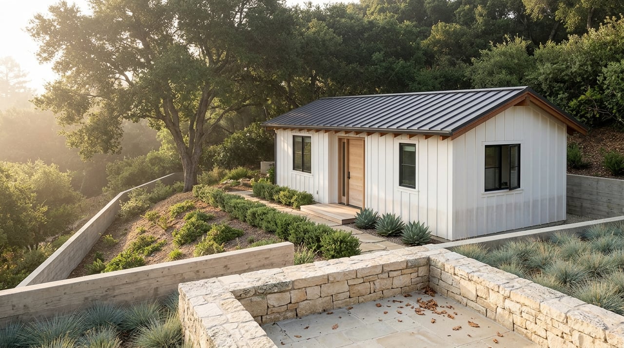 White board-and-batten guest house with black-framed windows, nestled among hillside plantings beneath an oak canopy.