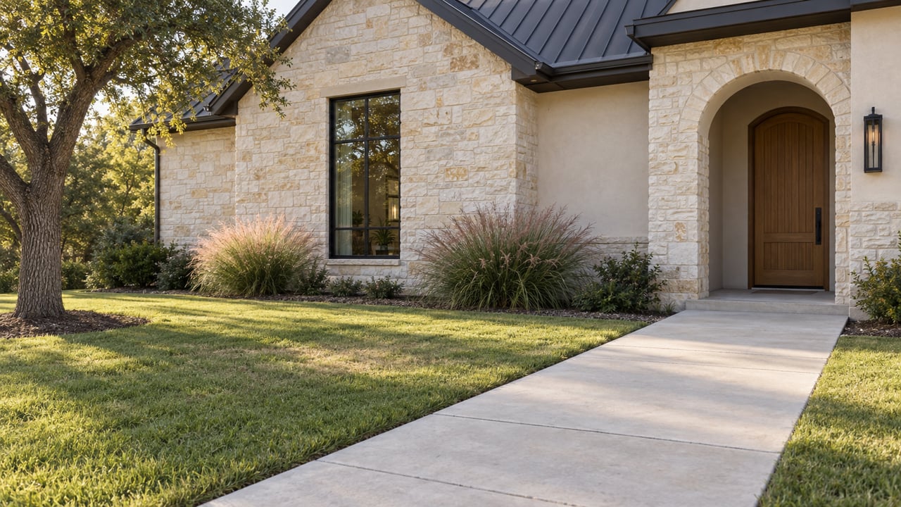 Limestone-and-stucco house with an arched oak entry, black-framed window, and concrete walkway across the lawn.
