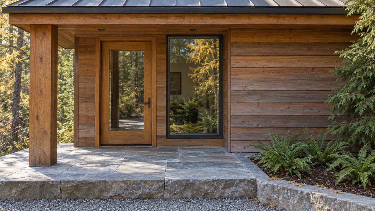 Early-autumn sunlight on a cedar-clad home entrance with a glazed timber door, gray stone steps and sword ferns.