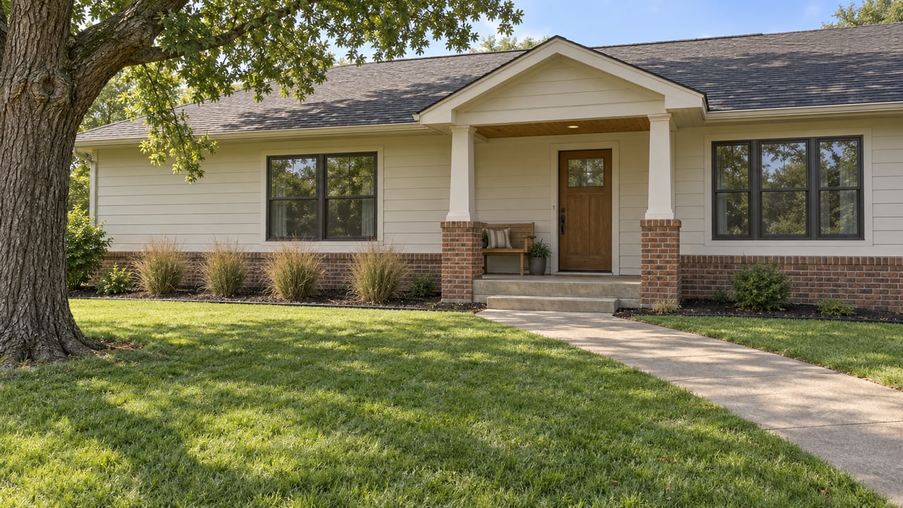 Light-sided single-story home with a wood entry door, brick foundation, broad front lawn and mature bur oak.