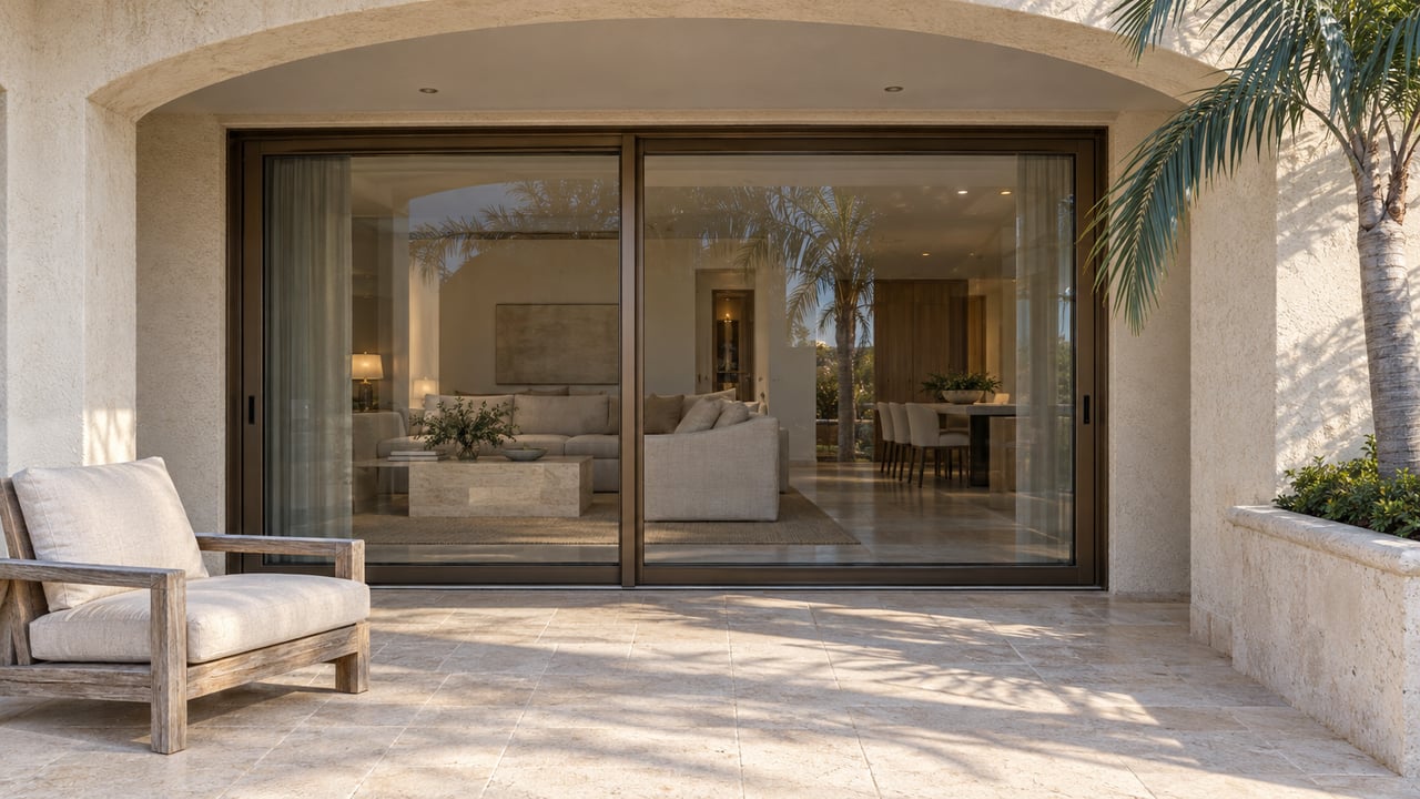Cream stucco arched condominium loggia with bronze-framed glass doors, limestone terrace, a weathered teak chair and a specimen palm.