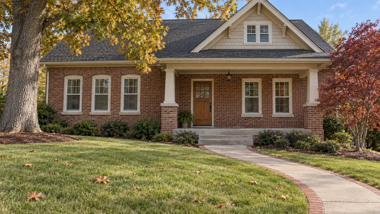 A brick home with a covered front porch, curved concrete walk and mature oak and dogwood in early autumn.