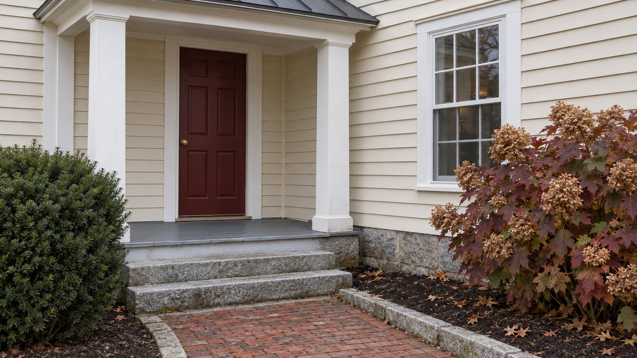 Cream clapboard home with a covered porch, oxblood front door, granite steps and burgundy oakleaf hydrangea in autumn.