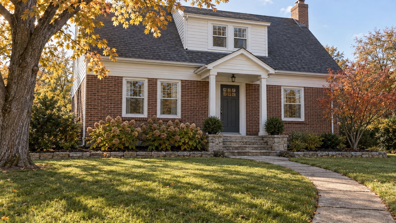 Brick and white clapboard home with a small covered entry, deep lawn and autumn-colored trees.