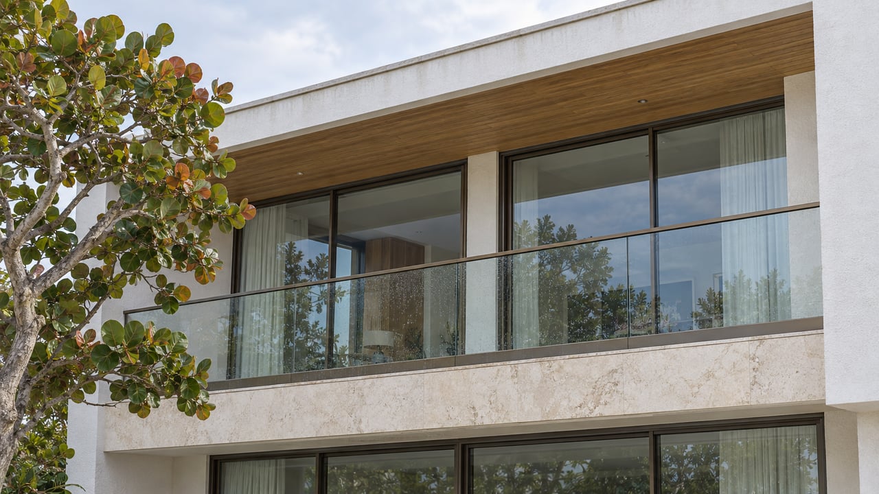 White stucco residence with bronze-framed glazing, a limestone balcony, wood soffit and a sculptural sea grape tree after rain.