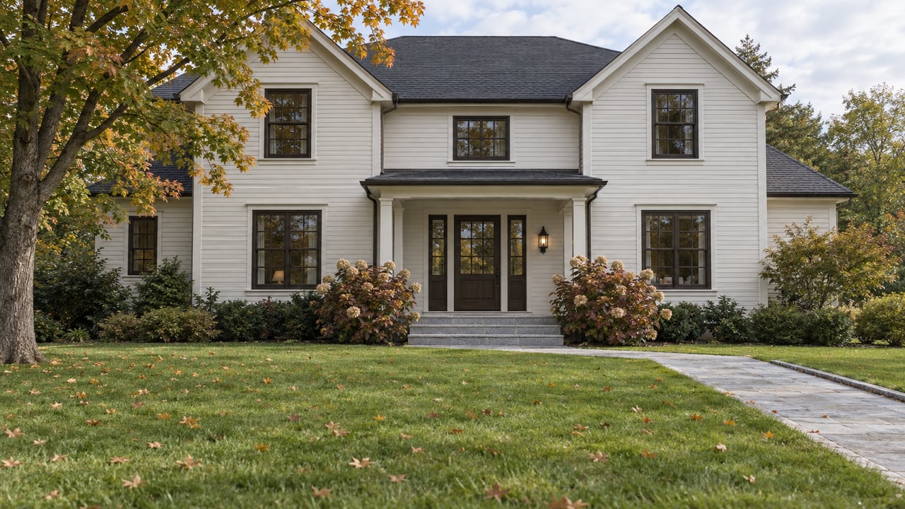 Off-white two-story home with dark divided-light windows, a granite entry and a deep lawn beneath a maple turning copper.