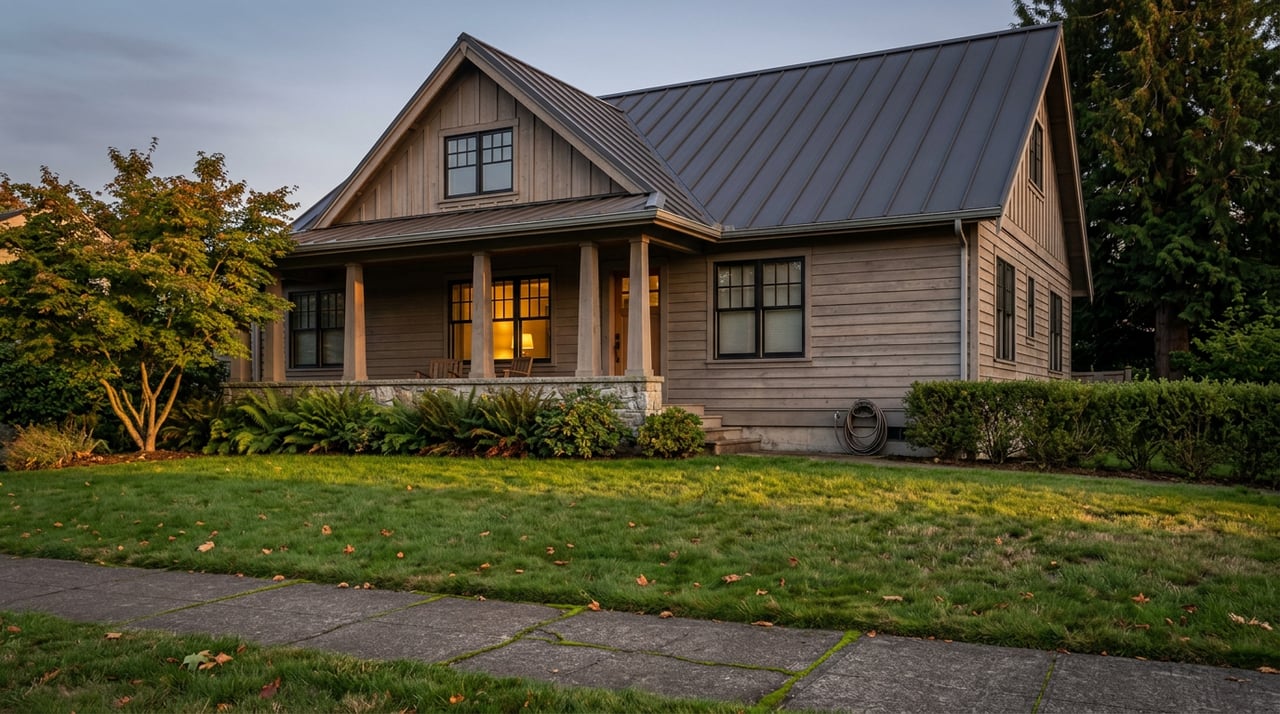Two-story craftsman home with charcoal metal roof, timber porch, cedar siding, and a glowing window.