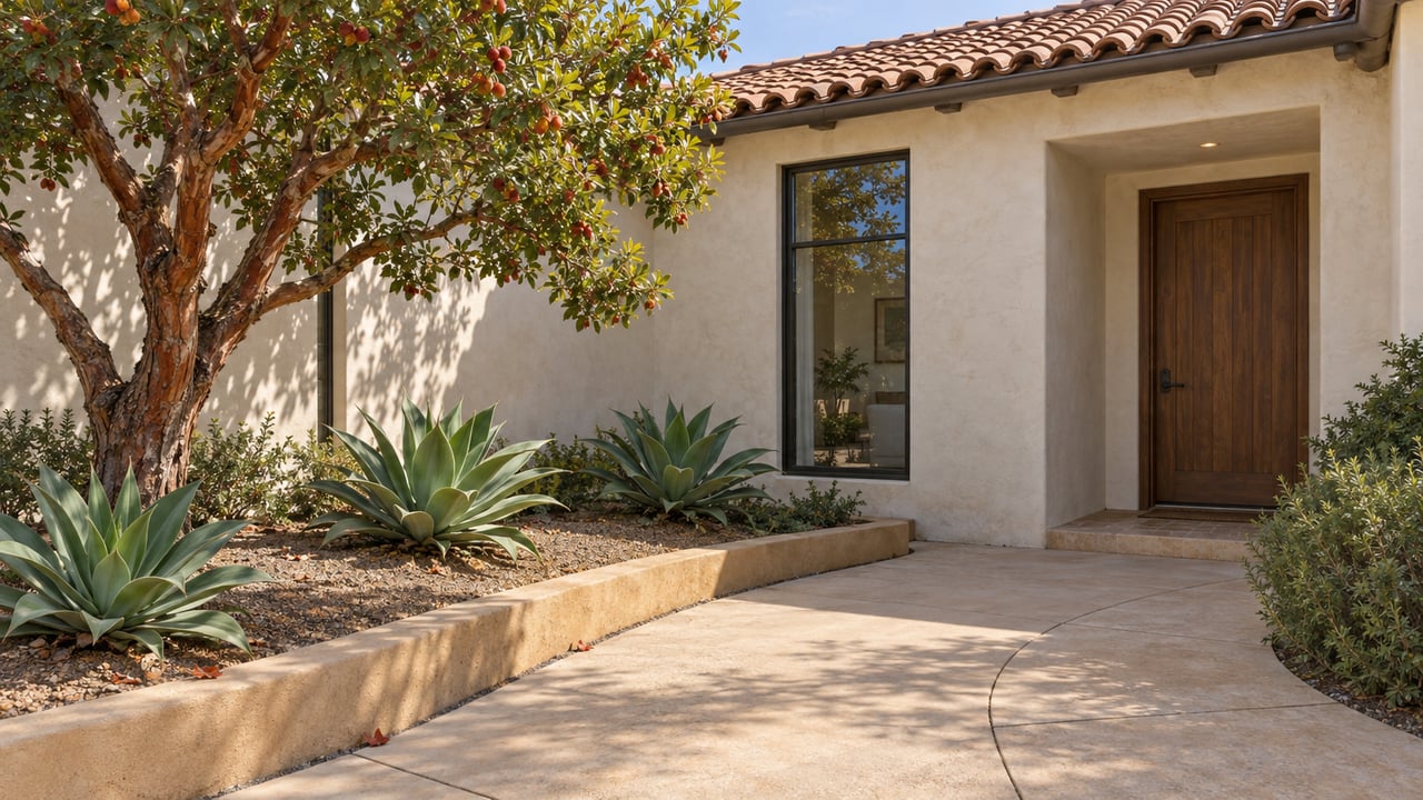 Curving walkway, agaves and arbutus tree beside cream stucco home with recessed timber door.