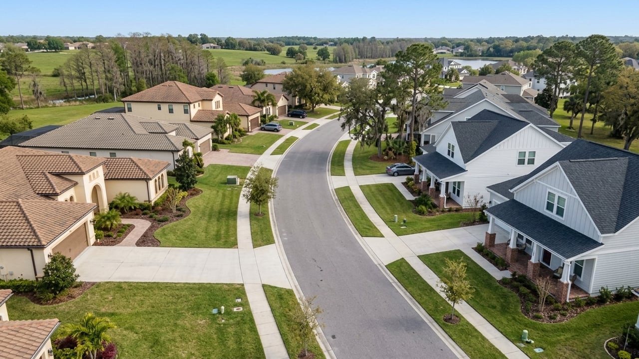 Aerial view of a curving residential street lined with homes, lawns, and mature trees.