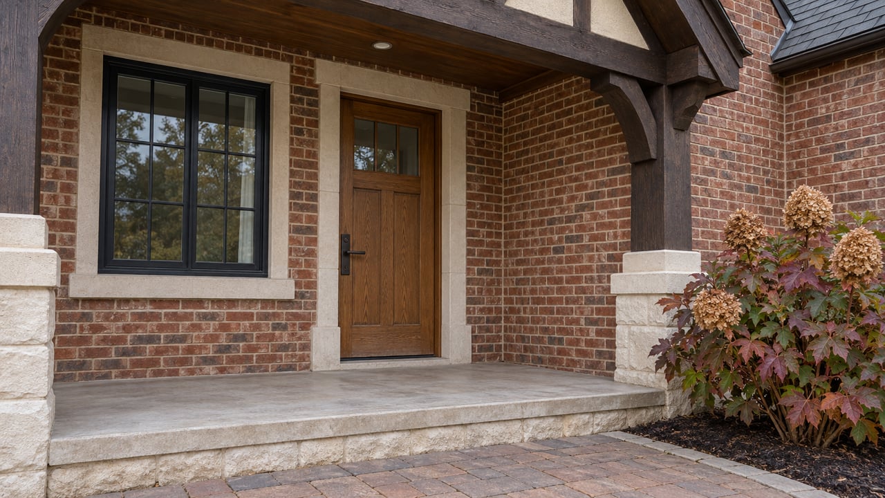 Close view of a brick home's sheltered entry, with limestone trim, a glazed oak door, clay paver approach and autumn oakleaf hydrangea.