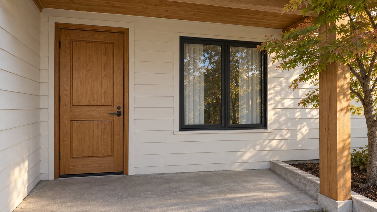 Sunlit wood entry door and black-framed window beneath a timber porch roof, with a Japanese maple beside the concrete landing.