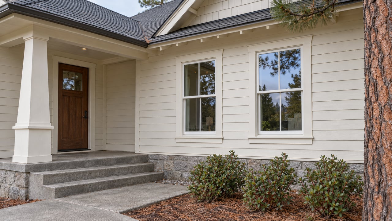 Ivory wood-sided home with a sheltered timber entry, granite foundation, and carefully spaced shrubs beside a mature pine.