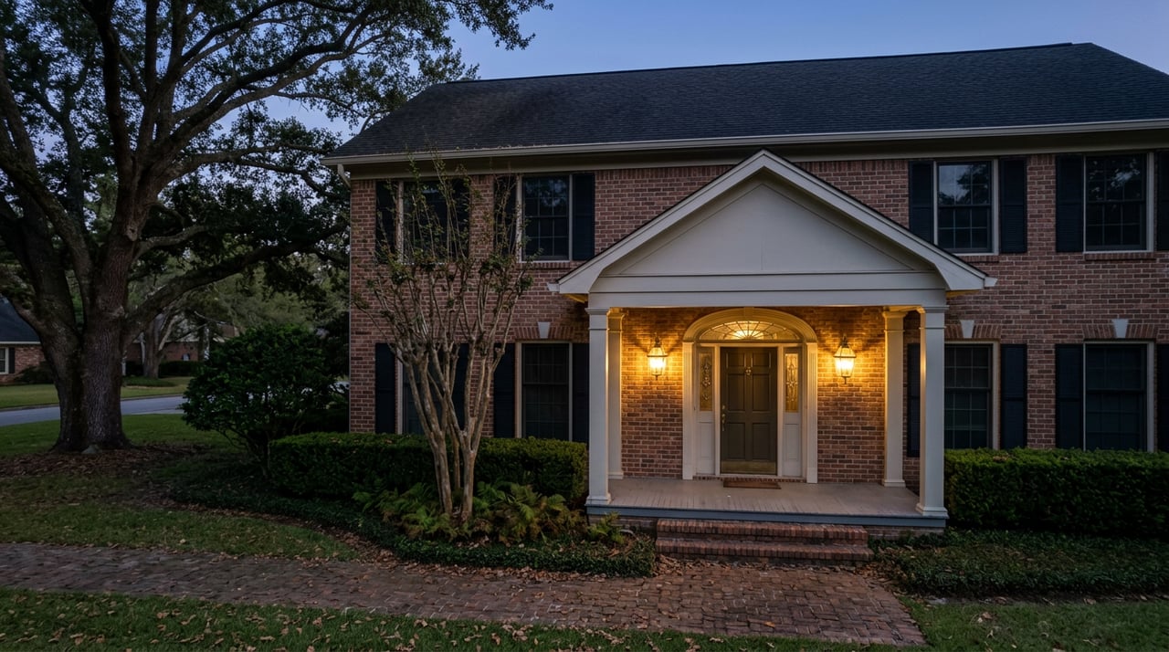 Brick two-story home with a gabled portico, twin glowing brass lanterns, and a live oak against the dusk sky.