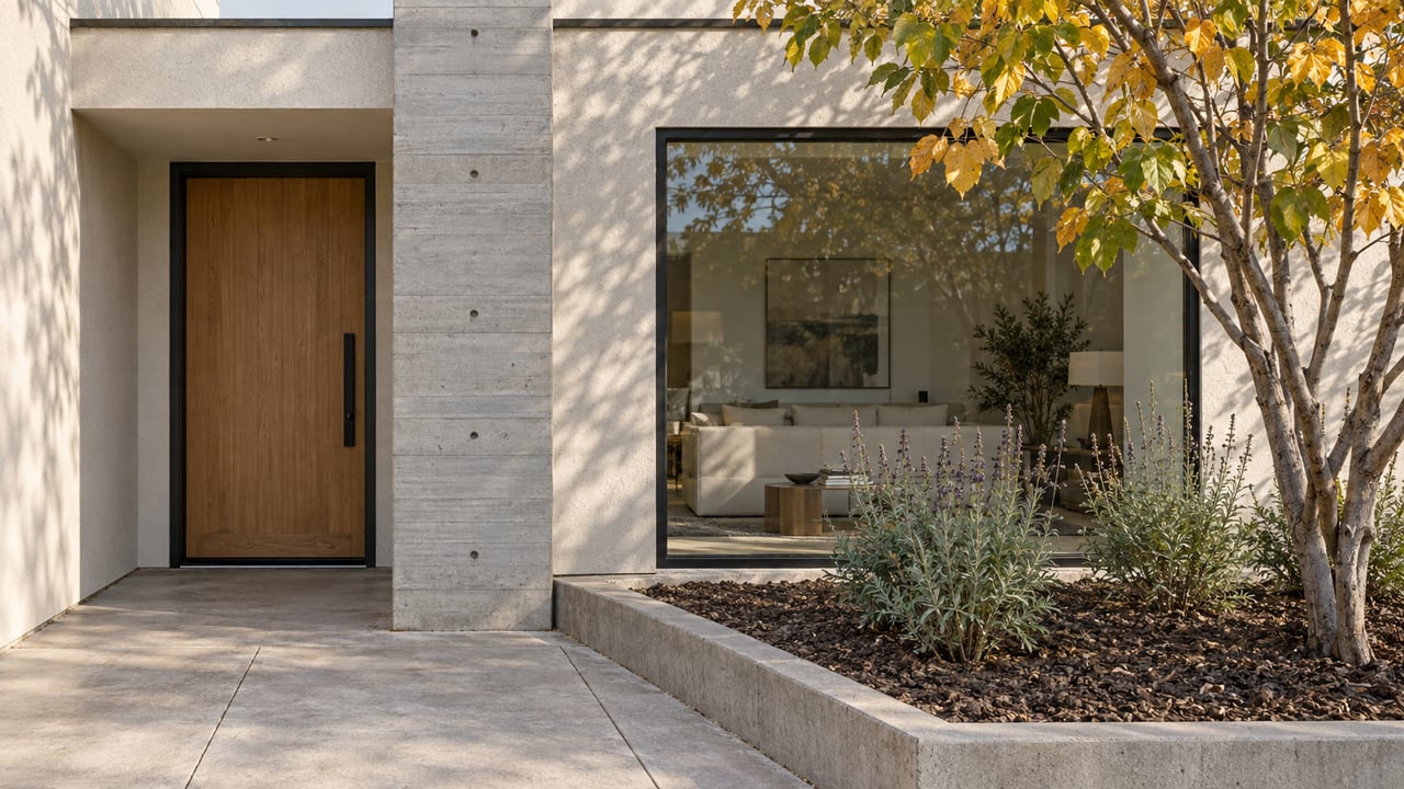 Contemporary residential entrance with oak door, tall concrete column, broad window and a raised bed of western redbud and sage.