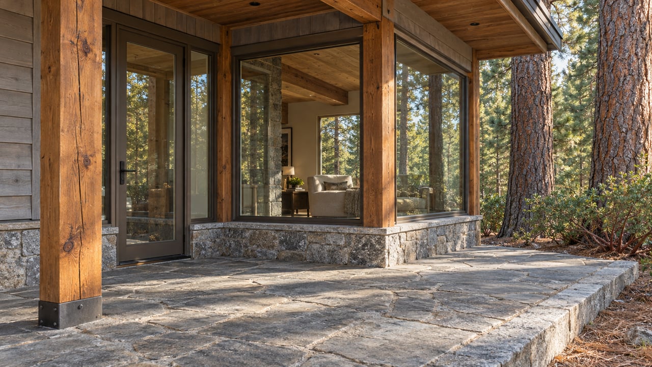 Morning light on a cedar and granite home's covered terrace, with bronze-framed glass and mature pine trunks beyond the stone paving.