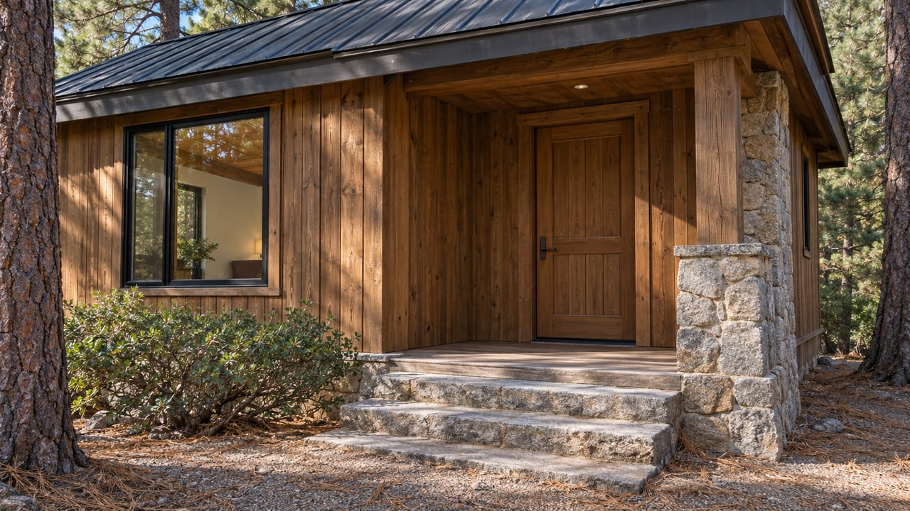Timber cabin entry with a black-framed window, granite-supported porch, and worn steps among pine trees.
