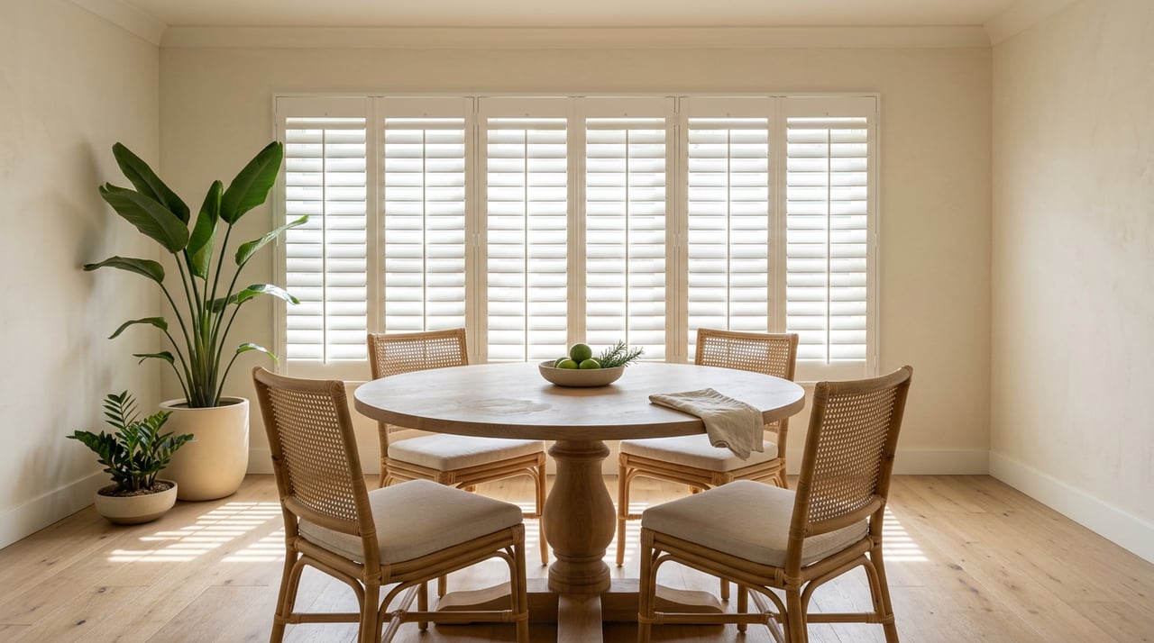Round oak dining table with rattan chairs sits before white louvered shutters and a potted tropical plant.