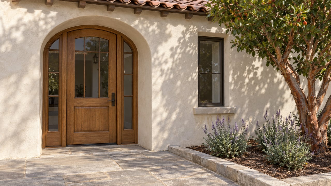 Close exterior view of an ivory stucco home's arched oak and glass entry, sandstone landing and strawberry tree.