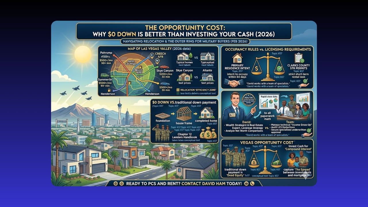 Infographic comparing a VA $0-down home purchase with investing cash, with a Las Vegas map and military relocation details.