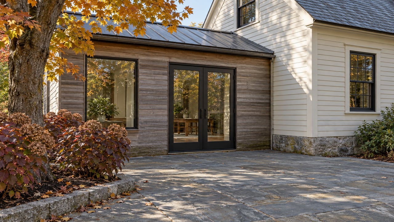 Autumn sunlight on a cedar addition, black-framed glass doors, and a bluestone terrace beside an ivory clapboard home.