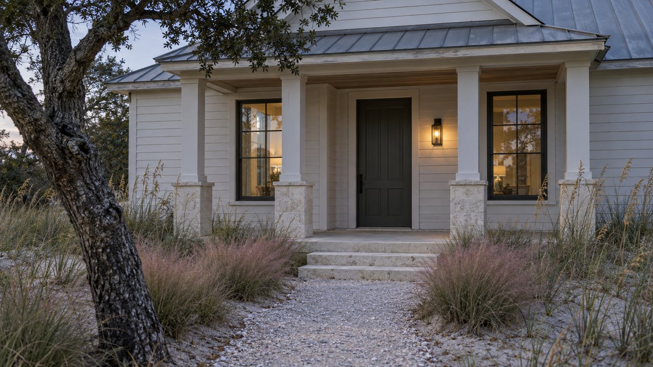 Coastal house entry with a gabled porch, lit sconce, shell-stone path, and sparse grasses.