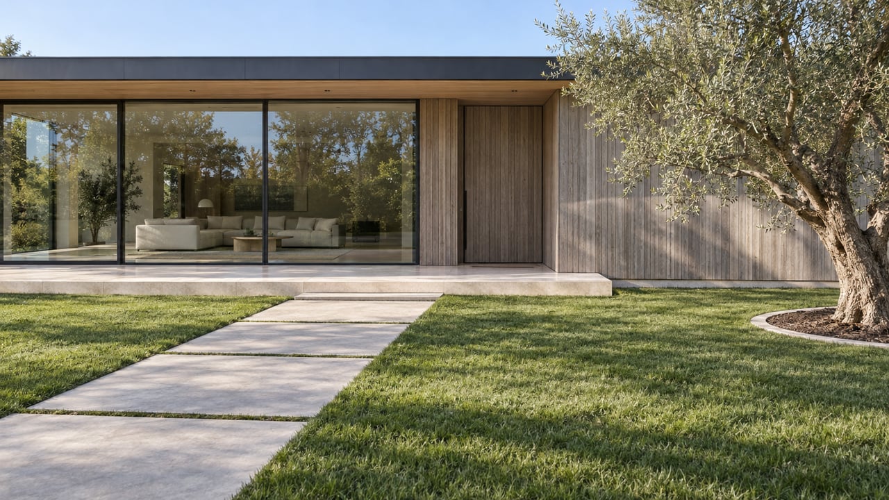 Modern flat-roof home with weathered cedar, dark-framed glazing and a limestone entry terrace beyond a broad lawn and concrete approach.