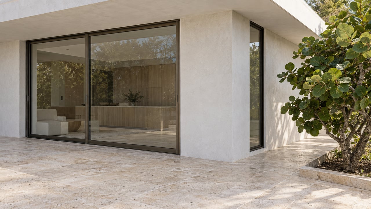 Contemporary villa terrace with a white canopy, bronze-framed glass doors, limestone paving, and a sea grape tree.