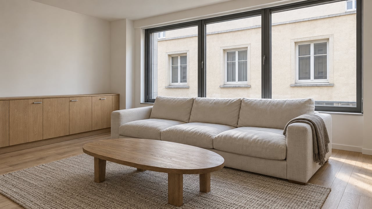 Daylit condo living room with an ivory sofa, oak flooring and cabinetry, and large windows facing a neighboring stucco facade.