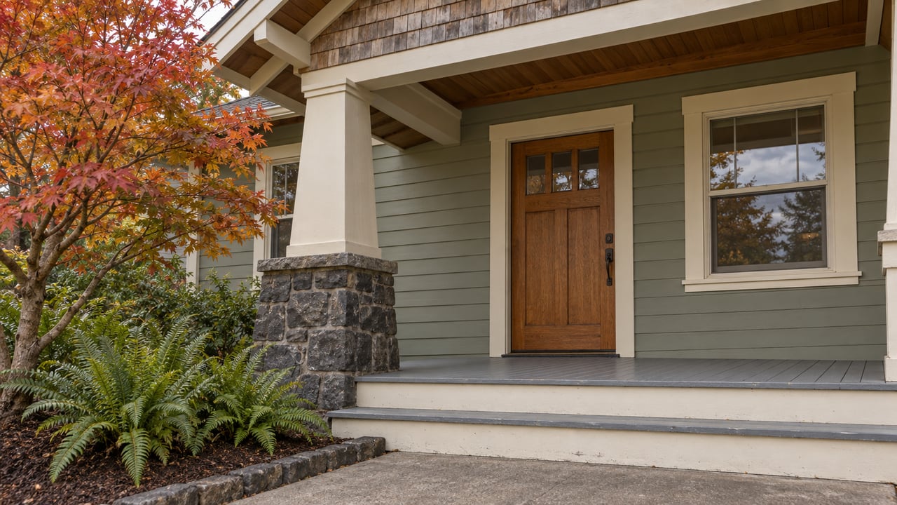 Covered Craftsman entry with sage siding, a glazed oak door, basalt porch pier and autumn vine maple beside broad wooden steps.