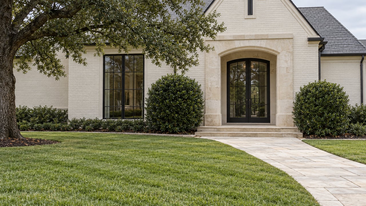 Limestone arched entrance and black steel windows of a white-brick luxury home beyond a deep lawn and stone approach.