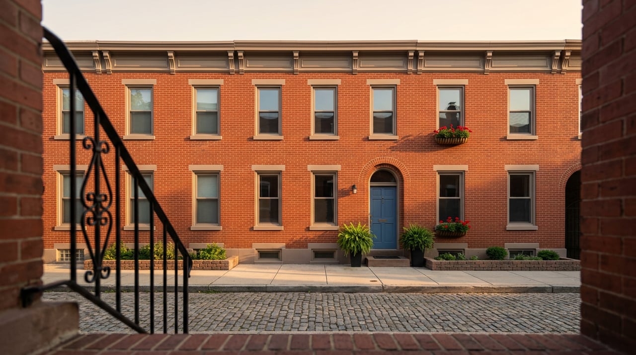 Three-story red-brick rowhouse with a blue door, arched entry, black-framed windows, and geraniums in a window box.
