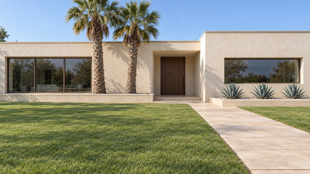 Low ivory stucco home beyond a broad lawn, with a limestone approach, bronze-framed windows and two mature palms.