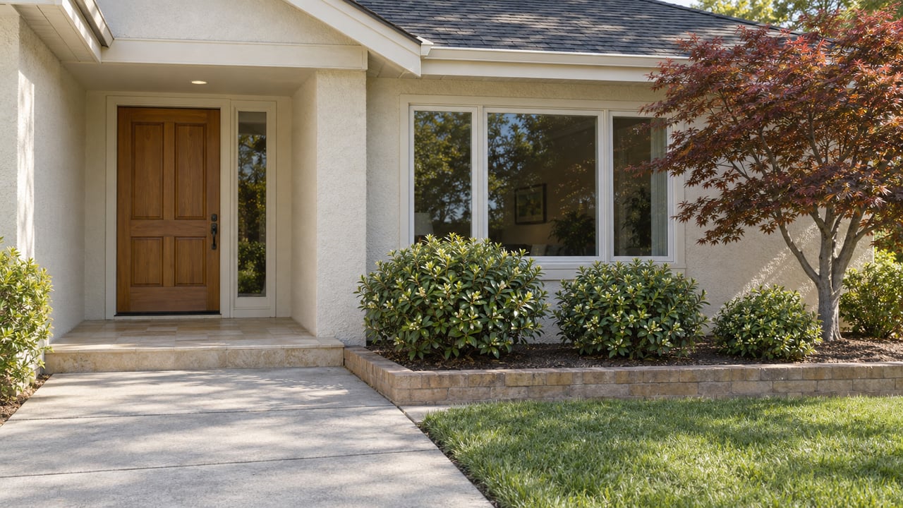 Cream stucco home with a sheltered oak front door, tan stone porch, broad framed window and established garden beside a concrete approach.