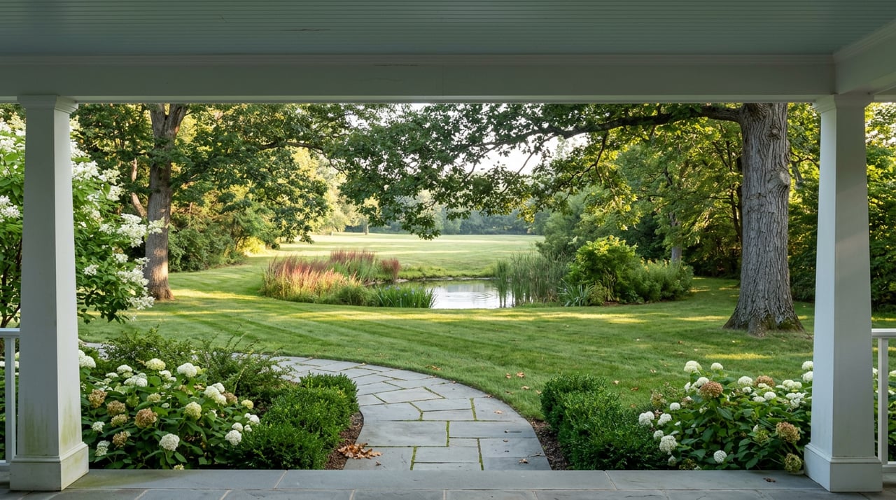 Porch frames a striped lawn and curving stone path leading toward a tree-screened pond.