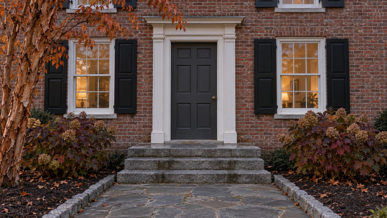 A brick home's closed front entrance at dusk, framed by white sash windows, granite steps and autumn planting.