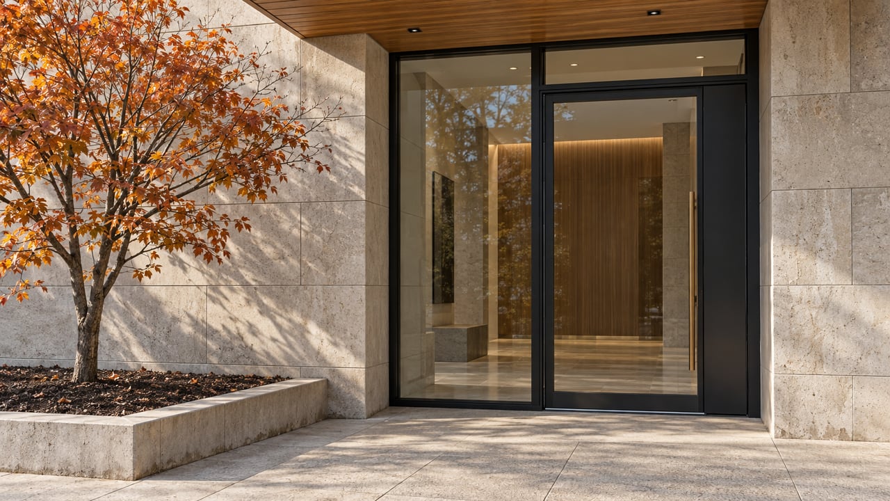 Limestone condominium entrance with black-framed glass, a wood-lined soffit, and an orange-leaved maple in a raised stone planting bed.