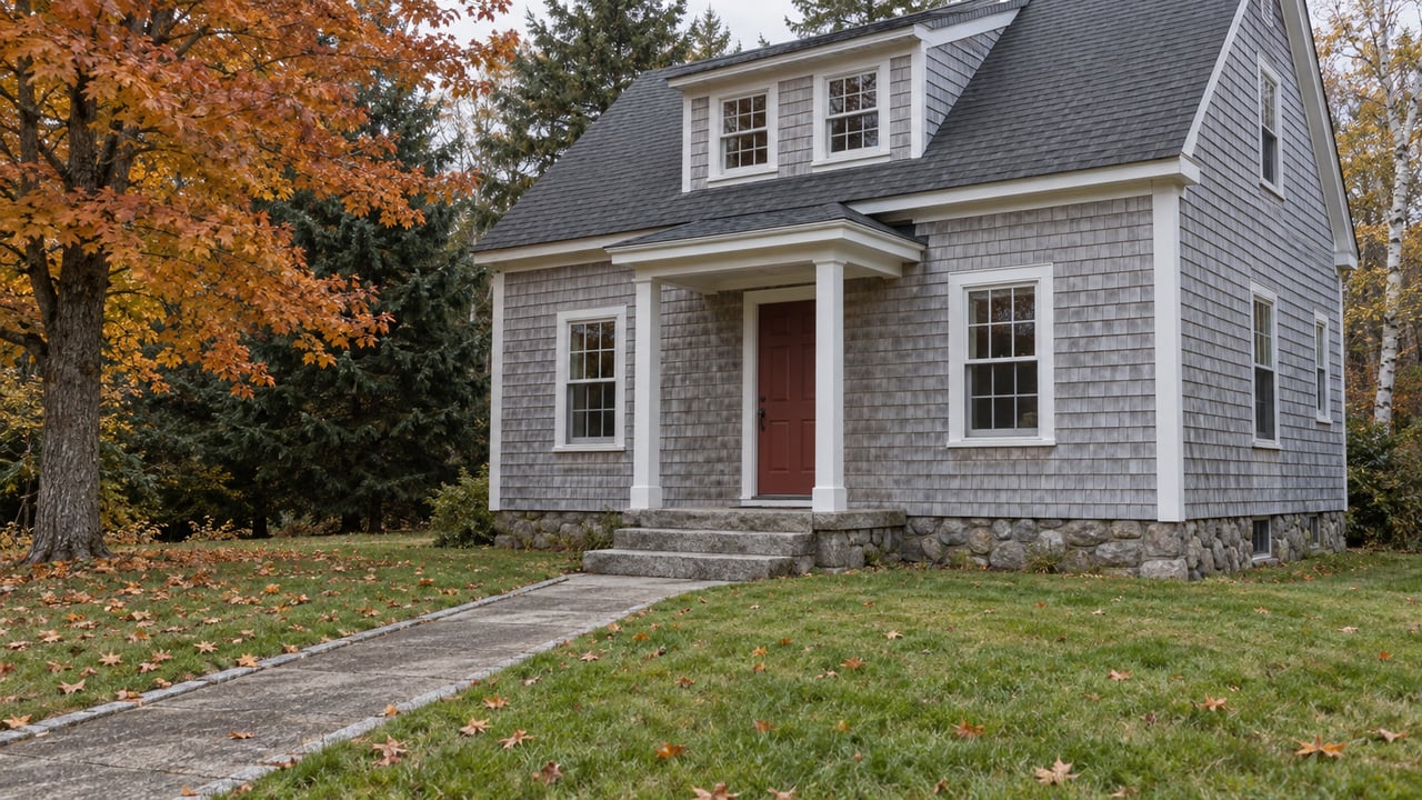 Gray cedar-shingle home with a red door, granite entry steps, autumn lawn and orange maple leaves under soft daylight.