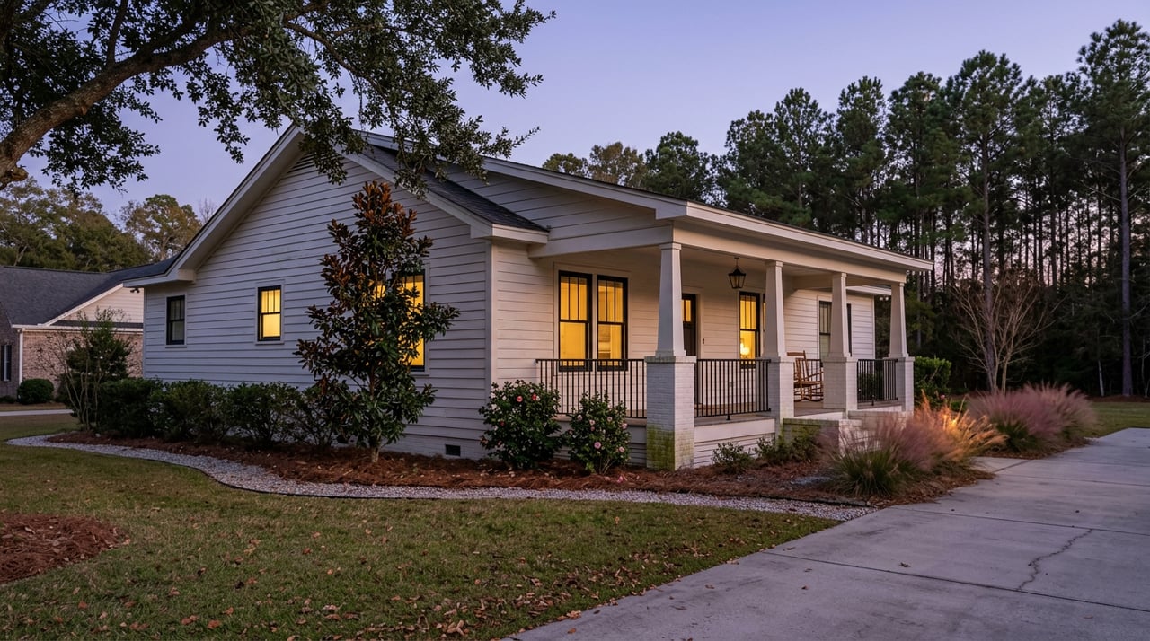 Warm-white farmhouse glows at dusk, with a porch rocking chair and broad lawn.