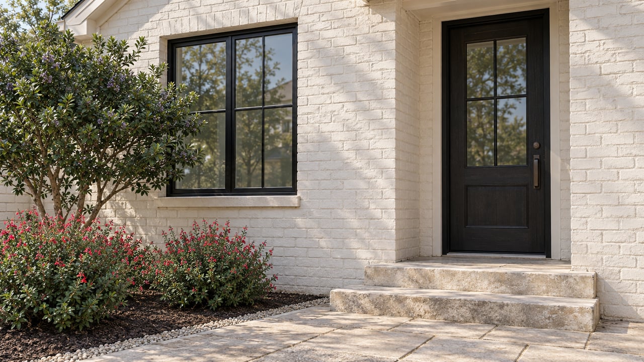 Recessed black front door beside a divided-light window, limestone steps, and a planted bed with Texas mountain laurel.