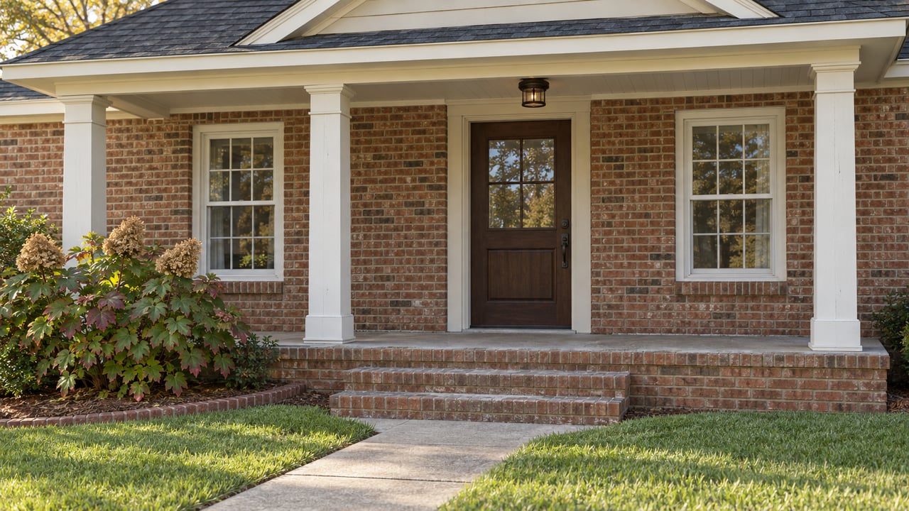 Russet brick home with an ivory covered porch, paired sash windows, weathered concrete steps and an oakleaf hydrangea beside the lawn.
