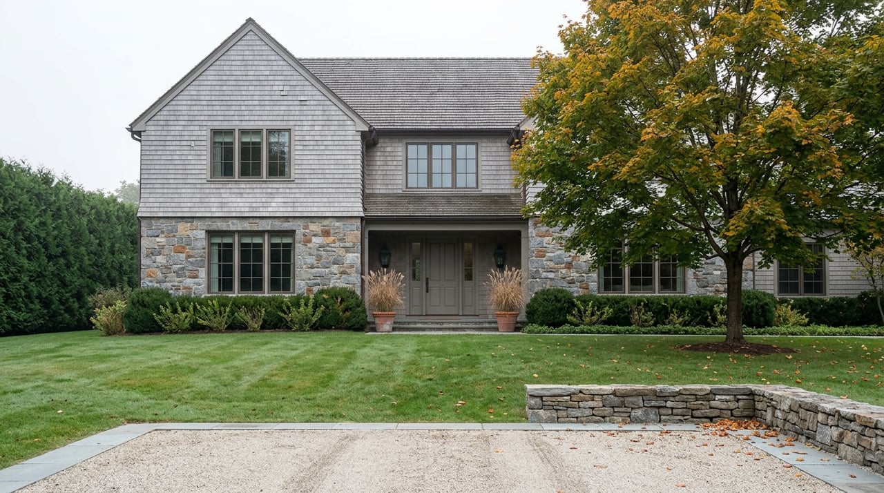Fieldstone and silver-gray shingle estate beyond a gravel court and lawn, with an ambering maple and clipped hedge.