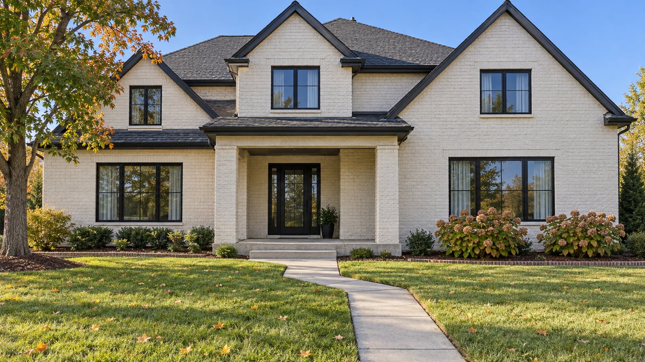 Painted-brick home with dark-framed windows, a recessed porch and a deep lawn beneath a maple canopy.