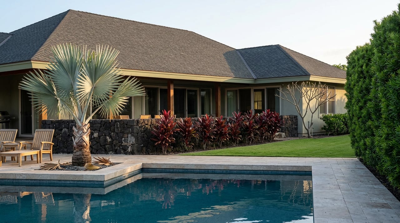 Coastal home beyond a pool, with a lava-rock terrace, silver fan palm, and clipped hedge.