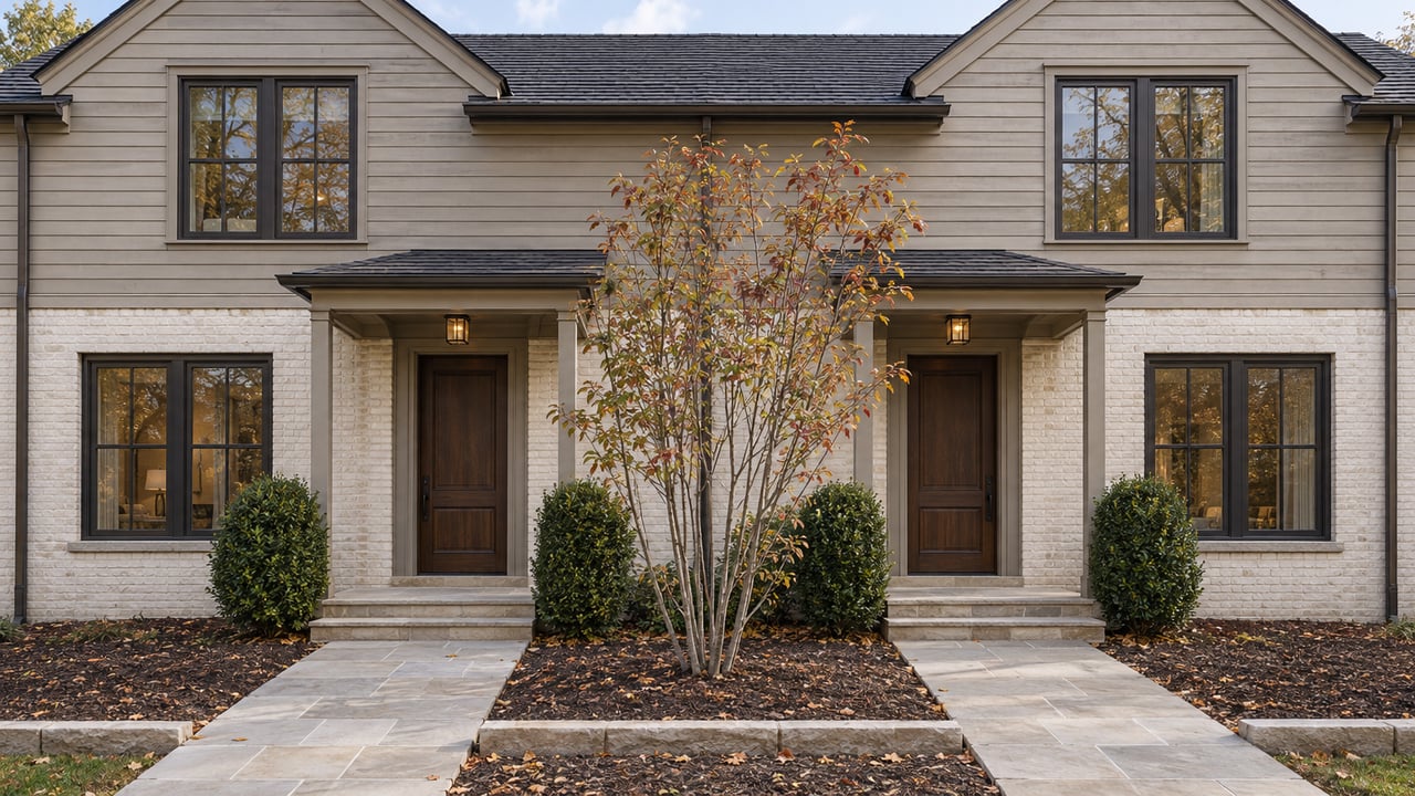 Two joined townhomes with paired gables, separate porticos, limestone walks, and a central flowering tree.