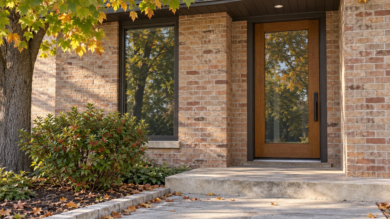Brick home entrance with a glazed oak door, tall window, limestone step, and amber leaves by the curb.
