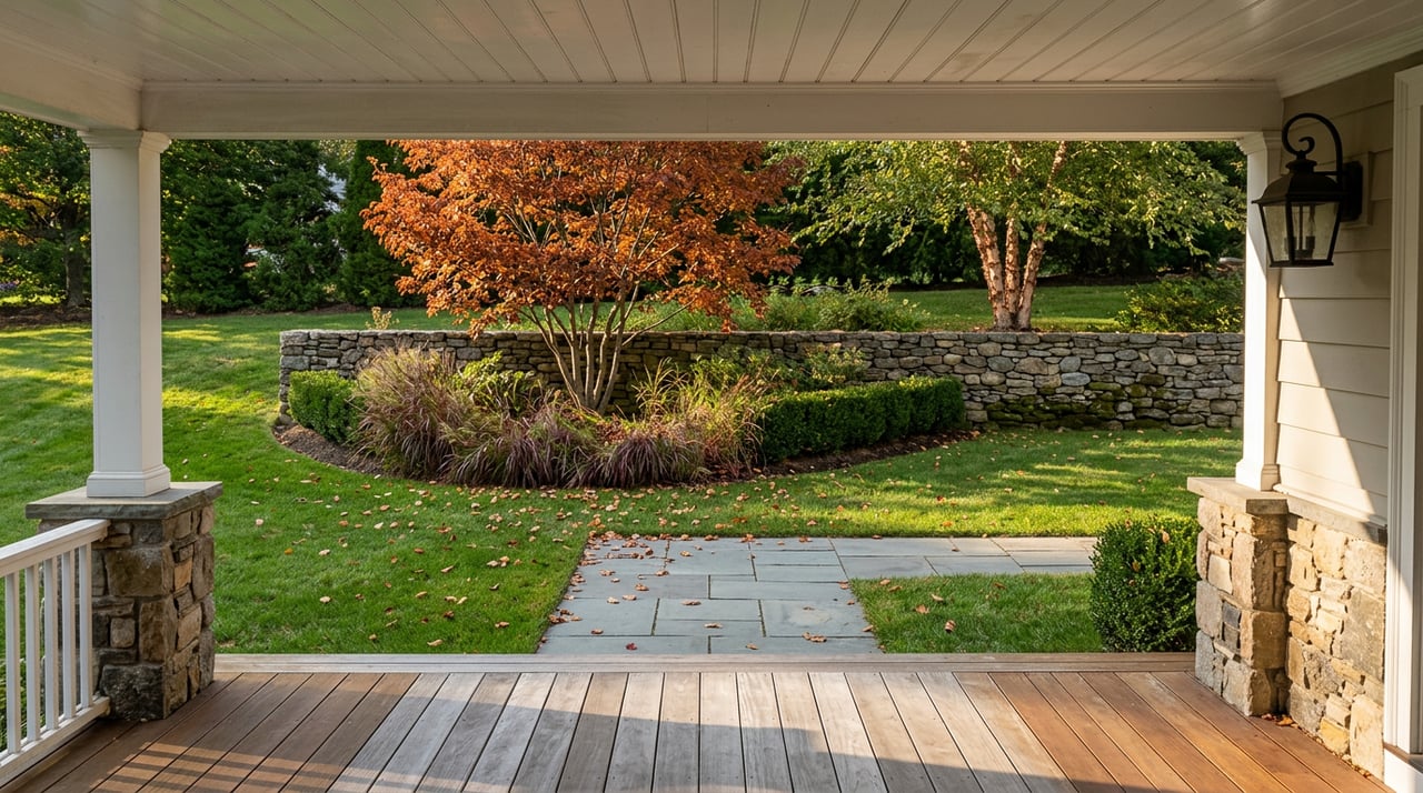 Autumn serviceberry with orange-red leaves rises above ornamental grasses beside a lawn, stone wall, and porch decking.