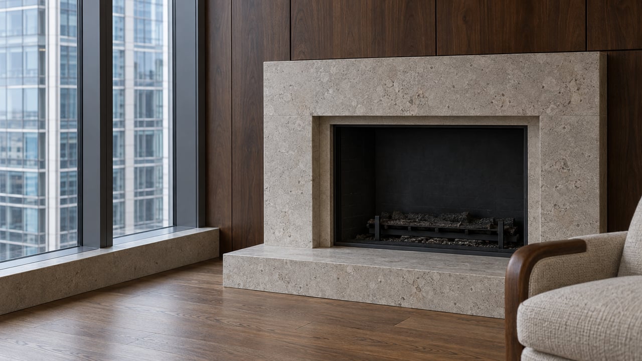Close view of a walnut-paneled condominium living room with a limestone fireplace, oak flooring and a sealed window overlooking a nearby glass facade.