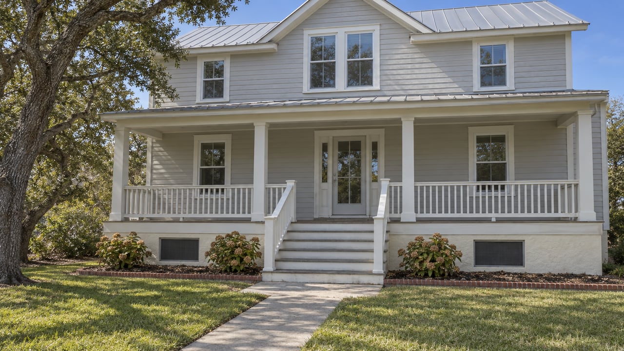 Pale-gray raised house with a deep front porch, silver gabled roof and open lawn beneath a mature live oak.