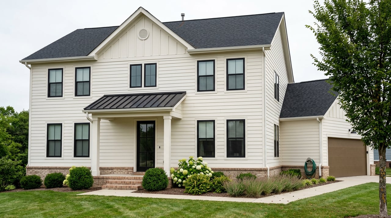 White two-story house with a gabled porch, brick foundation, and side-entry garage beside a broad lawn.